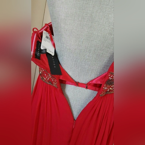 SALE🔖$395 NEW AIDAN MATTOX RUBIN RED SILK GOLD BEAD CHIFFON GOWN RUNWAY 6 M - Picture 7 of 8
